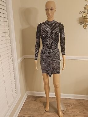 Fashion Nova Black Rhinestone Long-Sleeve Bodycon Dress